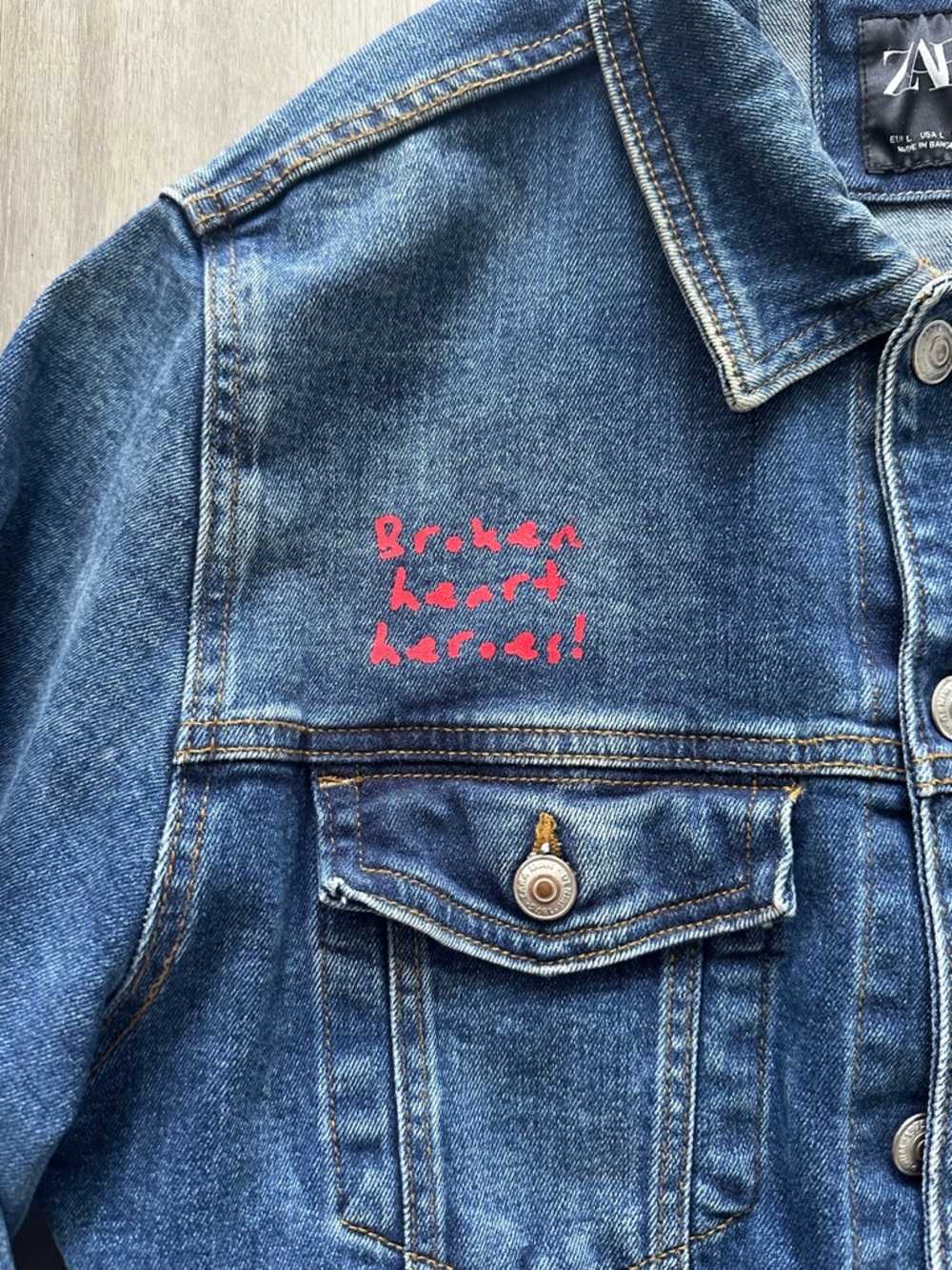 Zara Blue Denim Jacket with Red Heart Graphic and Purple Accent (LARGE) - Picture 3 of 15